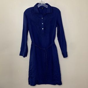 TALBOTS Dress Blue Linen Belted Partial Button Beading Detail 4P